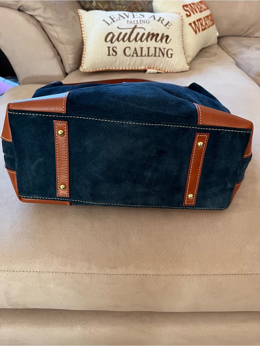 Dooney & Bourke Blue Suede Shoulder Bag with Brown Leather Trim - Picture 7 of 16